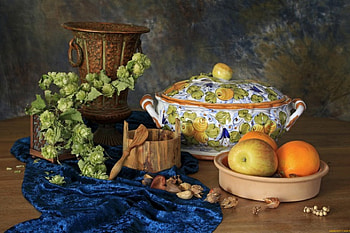 Still Life, blue, apple, beautiful, orange HD wallpaper