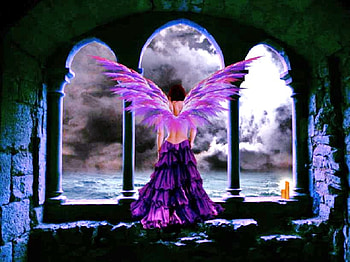 With wings, fairy, purple and pink dress, ocean and clouds, pink and purple wings, brick walls, looking out window HD wallpaper