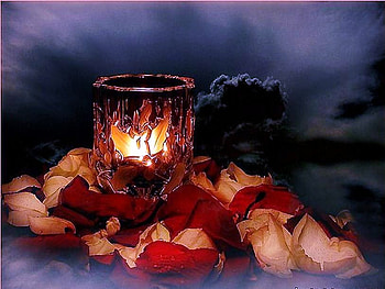 A light in the darkness, votive, darkness, light, clouds, rose petals, flame, amber candle, red and white HD wallpaper