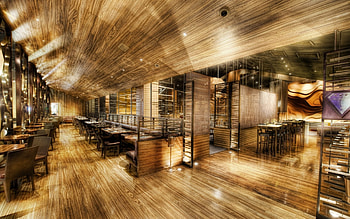 gorgeous modern wooden restaurant r, restaurant, wood, tables, lights, r, empty HD wallpaper