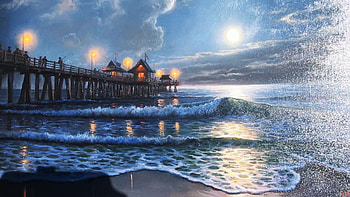 Myrtle Beach Pier, sea, artwork, painting, moon, lights, water, evening, beach HD wallpaper