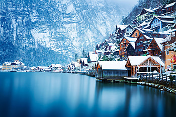 Snow, Village, Winter, Hallstatt, Austria, , Lake, Mountain, Towns HD wallpaper