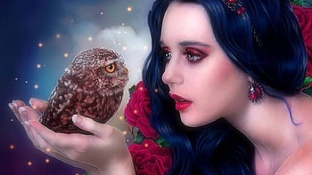 my owl..., owls, girls, abstract, fantasy HD wallpaper