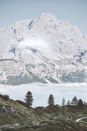 A breathtaking view of snow-capped mountains with fog and lush greenery, creating a serene landscape. HD phone wallpaper