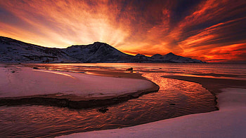 Golden Sunset, snow, river, hills, colors, clouds, landscape, sky HD wallpaper