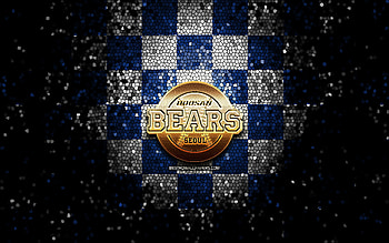 Doosan Bears, glitter logo, KBO, blue white checkered background, baseball, South Korean baseball team, Doosan Bears logo, mosaic art HD wallpaper