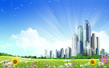 Flowers, Clouds, City, Vector, Meadow, Shines HD wallpaper