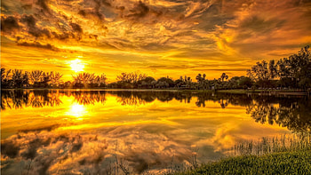 Clouds Reflection in Water, reflection, yellow, clouds, trees, sky, nature, calm, lake HD wallpaper