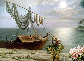 :), boat, abstract, owl, painting HD wallpaper
