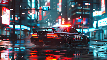 Cyberpunk Rain Patrol, car, police car, rain, cyberpunk HD wallpaper