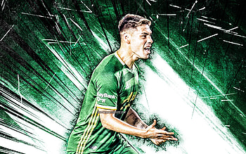 Felipe Mora, grunge art, Portland Timbers FC, soccer, chilean footballers, MLS, Felipe Andres Mora, football, Felipe Mora , green abstract rays, Felipe Mora Portland Timbers HD wallpaper