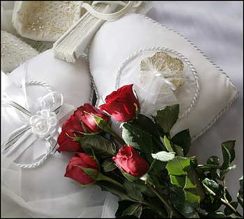 red roses, decoration, roses, white satin, red HD wallpaper