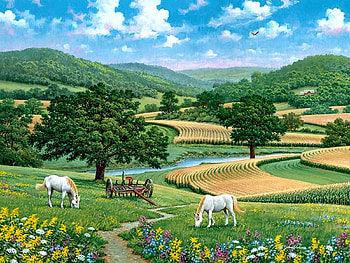 Days of Rest, horses, hills, painting, fields, trees, flowers, sky HD wallpaper