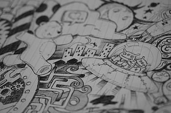 Intricate black and white doodle illustration featuring aliens in a UFO amidst imaginative cityscape and robots. HD wallpaper