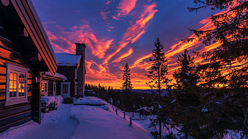 A Fiery Sunset In Norway, cabin, snow, winter, scandinavia, clouds, trees, sky HD wallpaper