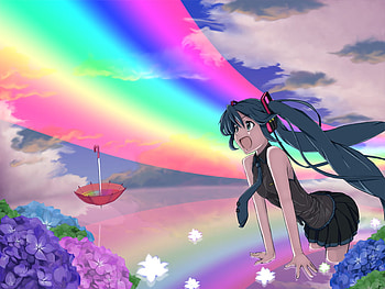 Hatsune Miku, blue, umbrella, colorful, heads, cute, vocaloid, miku, vocaloids, hatsune, blue eyes, twintail, blue hair, headset, anime, rainbow, pretty, clouds, sky, flowers HD wallpaper