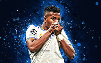 Rodrygo Goes, , 2022, Real Madrid FC, blue neon lights, soccer, brazilian footballers, La Liga, Rodrygo, Rodrygo Goes Real Madrid, football, Real Madrid CF, LaLiga, Rodrygo Goes HD wallpaper