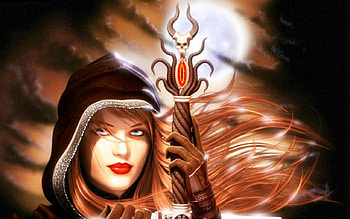 Fantasy Woman, sword, moon, fantasy, hood, red head, woman HD wallpaper