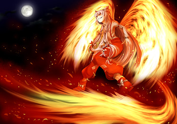 Fujiwara No Mokou, smile, hot, girl, flame, fire tail, red dress, dark, anime girl, moon, touhou, cool, fire, fire wings, female HD wallpaper