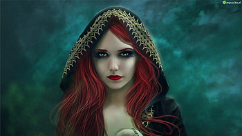 Beautiful Red Hair, fantasy, green, hood, red hair, beautiful, woman HD wallpaper