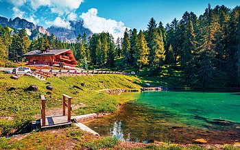Dolomites, Italy, sky, alps, cabin, south tyrol, trees, clouds HD wallpaper