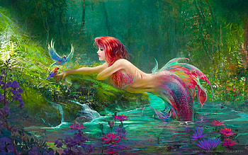 Wish I could Fly, , flowers, fish, girl, mermaid, art, grass, beautiful, digital, fantasy, water HD wallpaper
