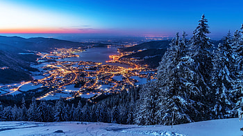 Rottach-Egern, Lake Tegernsee, Bavaria, hills, town, lights, snow, germany, landscape, trees, evening HD wallpaper
