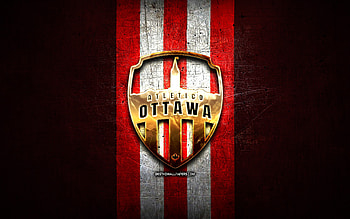 Atletico Ottawa FC, golden logo, Canadian Premier League, red metal background, football, canadian football club, Atletico Ottawa FC logo, soccer, Atletico Ottawa HD wallpaper