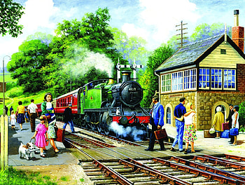 Country stop, painting, art, pictura, green, train, people HD wallpaper