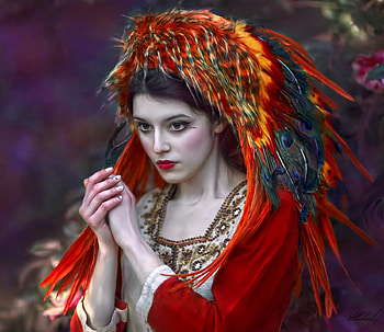 I wish..., agnieszka lorek, model, girl, indian, orange, hand, woman, native, feather, red, peacock, i wish, hat HD wallpaper