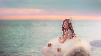 Little princess, blue, sweet, sea, white, girl, dress, little, summer, pink, princess, water, child, sunset HD wallpaper