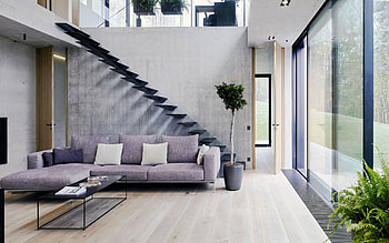 stylish modern design, living room, duplex apartment, loft style, black steps without railings, living room loft style, living room idea HD wallpaper