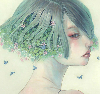 Beauty, frumusete, asian, girl, butterfly, fantasy, flower, green, face, luminos, mihohirano, hair HD wallpaper