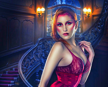 Your vampire, stairs, vampire, woman, red HD wallpaper