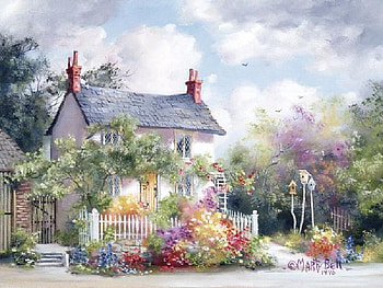 Doll House, birds, plants, windows, chimneys, cute, roof, painting, door, fence, trees, gate, house, steps, bird houses, clouds, sky, flowers, trellis HD wallpaper