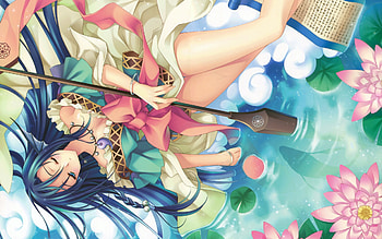 Lotus, japanese, kimono, japan, girl, long hair, oriental, lake, orginal, fantasy HD wallpaper
