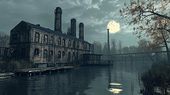 Haunting Serenity: Abandoned Factory in, water reflection, industrial landscape, cloud, moonlight HD wallpaper