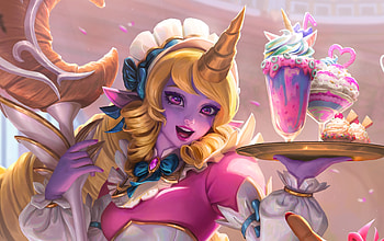 Soraka, pink, fantasy, gooden, yellow, face, girl, golden, cafe cuties, ina wong HD wallpaper