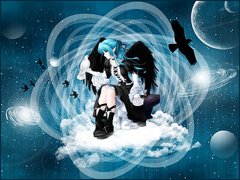 Black Angel, animal, black, galaxy, universe, cute, angel, long hair, dress, planet, abstract, wing, cloud, female, sexy, wings, dove, bird, hot, blue hair, girl, dark, star, anime girl, anime, fantasy, light, space, pigeon, sky HD wallpaper