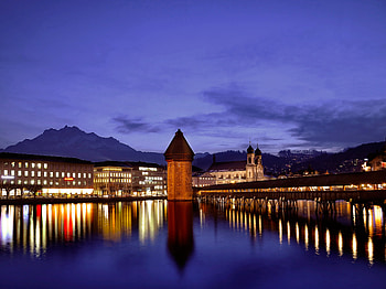 Cities, Water, Rivers, Sky, Mountains, Night, Twilight, Building, Lights, Reflection, Smooth, Surface, Dusk, Bridge, Backlight, Illumination, Switzerland, Lucerne, Embankment, Quay, Temples HD wallpaper