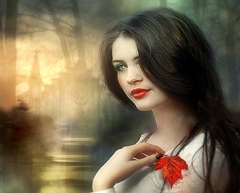~Autumn Girl~, emotional, beautiful girls, digital art, autumn, fall season, red leaf, weird things people wear, people, backgrounds, creative pre-made, love four seasons, pretty, manipulation, softness beauty, models, girls, lovely HD wallpaper