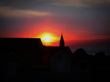 sunset ...., town, colors, beautiful, church, sunset HD wallpaper