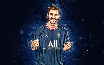 Lionel Messi, 2021, joy, PSG, argentinian footballers, football stars, Paris Saint-Germain, blue neon lights, soccer, Messi PSG, Ligue 1, Leo Messi, football, Lionel Messi PSG, Lionel Messi , Lionel Messi Paris Saint-Germain HD wallpaper