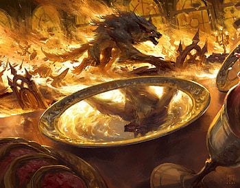 Visions of ruine, fantasy, andrew mar, werewolf, yellow, luminos, fire, orange, ruine HD wallpaper