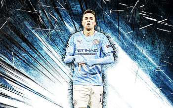 Joao Cancelo, grunge art, portuguese footballers, Manchester City FC, Premier League, blue abstract rays, soccer, Joao Cancelo , Man City, Joao Cancelo Manchester City HD wallpaper