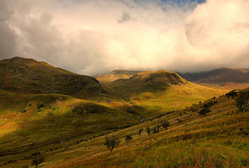 Nature, Trees, Mountains, Clouds, Shine, Light, Shadow, Slopes HD wallpaper