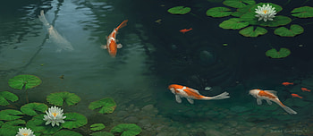 Fish pond, artsangel, frumusete, art, koi, arts angel, summer, fantasy, pesti, luminos, fish, water, vara, pond HD wallpaper