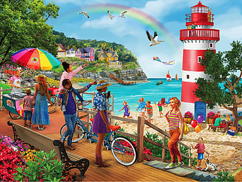Lighthouse Adventure, people, coast, sea, umbrella, painting, sky HD wallpaper