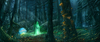 The wanderer, fantasy, art, green, wanderer, luminos, forest, tree HD wallpaper