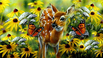 Deer in paradise, animal, art, garden, paradise, beautiful, butterflies, playing, sunflowers, fantasy, pretty, deer, flowers HD wallpaper